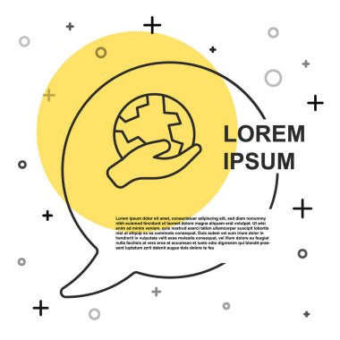 Siyah çizgi insan eli, beyaz zemin üzerinde Dünya 'nın ikonunu tutuyor. Dünya kavramını sakla. Rastgele dinamik şekiller. Vektör