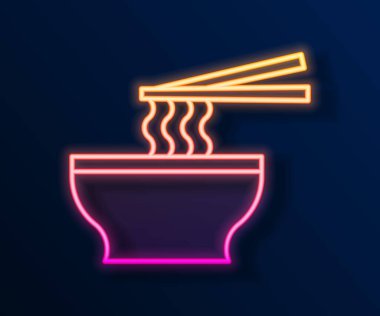 Siyah arka planda parlayan neon hattı Asya erişteleri ve yemek çubukları ikonu. Sokak yemeği. Kore, Japon, Çin yemekleri. Vektör