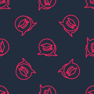 Konuşma baloncuğu simgesindeki kırmızı çizgi derecelendirme başlığı siyah arkaplandaki kusursuz deseni izole etti. Tassel ikonlu mezuniyet şapkası. Vektör