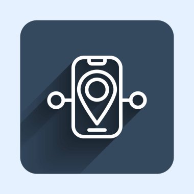 White line Route location icon isolated with long shadow background. Train line path of train road route with start point GPS and dash line. Blue square button. Vector