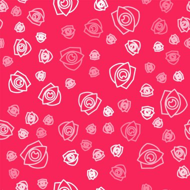 White line Shield and eye icon isolated seamless pattern on red background. Security, safety, protection, privacy concept. Vector