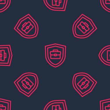 Kalkan simgesinin bulunduğu kırmızı çizgi evrak çantası siyah arkaplanda izole edilmiş. Sigorta konsepti. Güvenlik, güvenlik, koruma, konsept koruma. Vektör