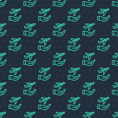 Green line Plane in hand icon isolated seamless pattern on blue background. Flying airplane. Airliner insurance. Security, safety, protection, protect concept. Vector