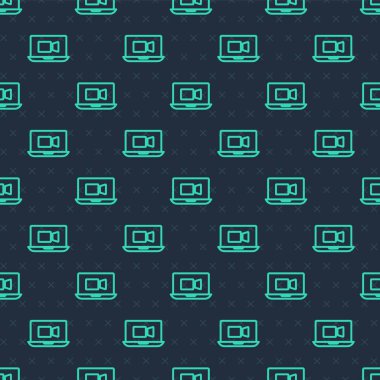 Yeşil çizgi görüntülü sohbet konferans simgesi mavi arkaplanda izole edilmiş kusursuz desen. Çevrimiçi iş görüşmesi formu. Uzak proje yönetimi. Vektör