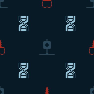 Set Dental implant, Location hospital and DNA symbol on seamless pattern. Vector