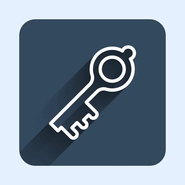 White line Old magic key icon isolated with long shadow background. Blue square button. Vector — Stockvector