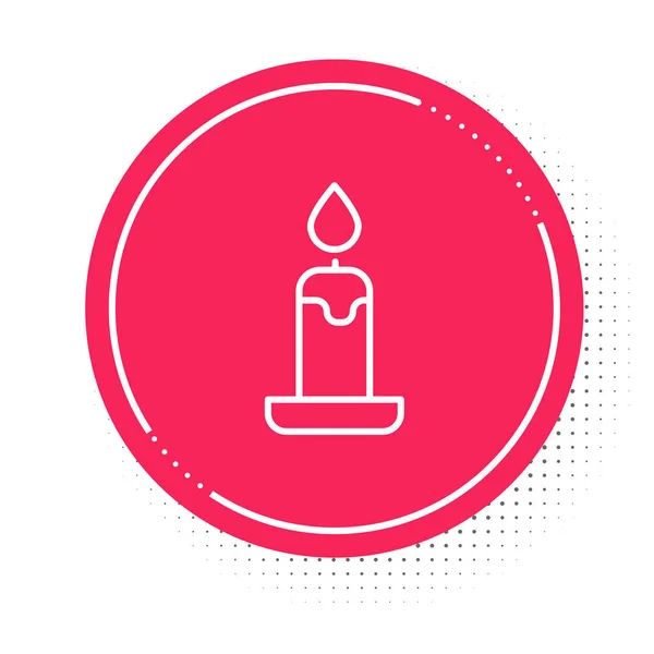 Línea blanca Vela ardiente en el icono del candelabro aislada sobre fondo blanco. Vara cilíndrica con llama ardiente. Botón círculo rojo. Vector — Archivo Imágenes Vectoriales