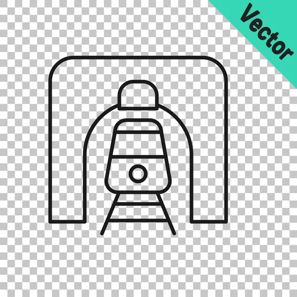 Black line Train in railway tunnel icon isolated on transparent background. Railroad tunnel. Vector — Διανυσματικό Αρχείο