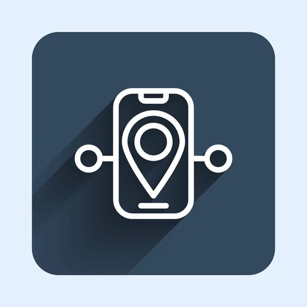 White line Route location icon isolated with long shadow background. Train line path of train road route with start point GPS and dash line. Blue square button. Vector — Image vectorielle