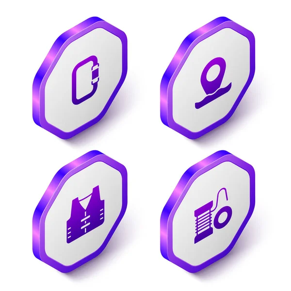 Set Isometric Carabiner, Location fishing, Fishing jacket and Spinning reel for icon. Purple hexagon button. Vector — Stock Vector