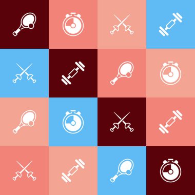 Set pop art Tennis racket with ball, Stopwatch, Fencing and Dumbbell icon. Vector