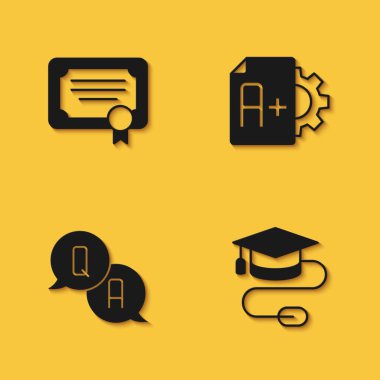 Set Certificate template, Graduation cap with mouse, Question and Answer and Exam sheet plus grade icon with long shadow. Vector