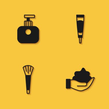 Set Tube of hand cream, Shaving foam on, Makeup brush and Cream or lotion cosmetic tube icon with long shadow. Vector