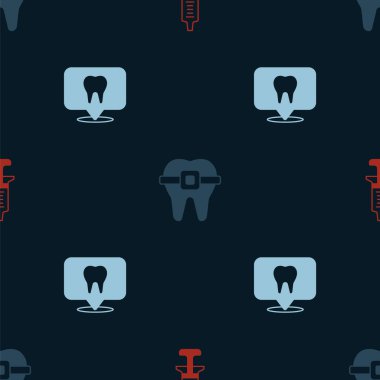 Set Syringe, Teeth with braces and Dental clinic location on seamless pattern. Vector