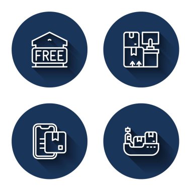 Set line Free storage, Warehouse with boxes, Document tracking marker and Cargo ship delivery with long shadow. Blue circle button. Vector