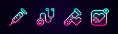 Set line Syringe, Stethoscope, Test tube with blood and Mobile heart rate. Glowing neon icon. Vector
