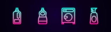 Set line Bottle for detergent, Dishwashing liquid bottle, Washer and Cleaning spray with. Glowing neon icon. Vector