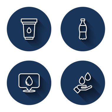 Set line Water filter cartridge, Bottle of water, drop with location and Washing hands soap with long shadow. Blue circle button. Vector