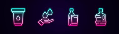 Set line Water filter cartridge, Washing hands with soap, Bottle of water glass and Big bottle clean. Glowing neon icon. Vector