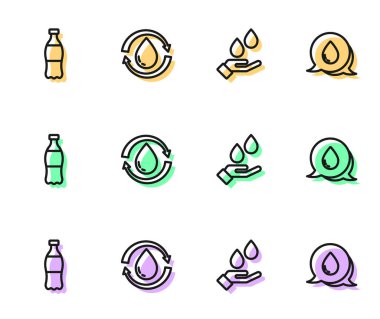 Set line Washing hands with soap, Bottle of water, Recycle clean aqua and Water drop speech bubbles icon. Vector