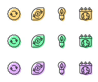 Set line Light bulb with leaf, Recycle symbol, Water energy and World Earth day icon. Vector