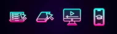 Set line Online quiz, test, survey, book, play video and Graduation cap on mobile. Glowing neon icon. Vector