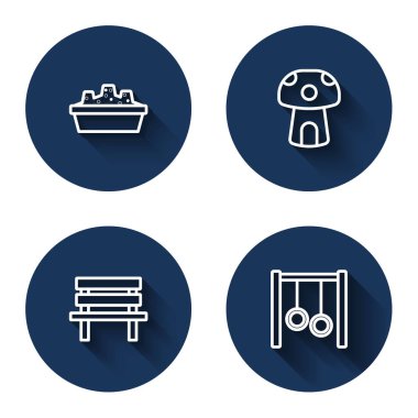 Set line Sandbox with sand, Mushroom house, Bench and Gymnastic rings with long shadow. Blue circle button. Vector