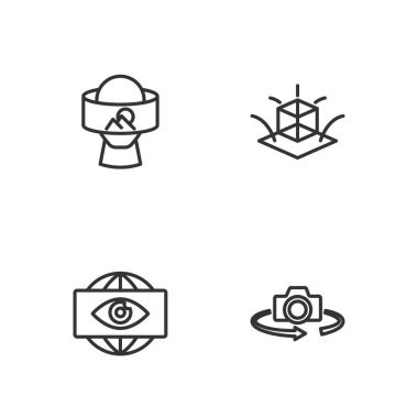 Set line 360 degree view, Big brother electronic eye, Virtual reality glasses and 3d modeling icon. Vector