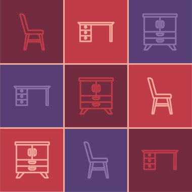 Set line Chair, Chest of drawers and Office desk icon. Vector