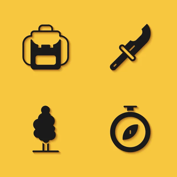 Set Hiking backpack, Compass, Tree and Hunter knife icon with long shadow. Vector - Stok Vektor