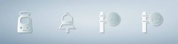 Set Train and railway, station bell, clock and Toilet. Paper art style. Vector — Image vectorielle