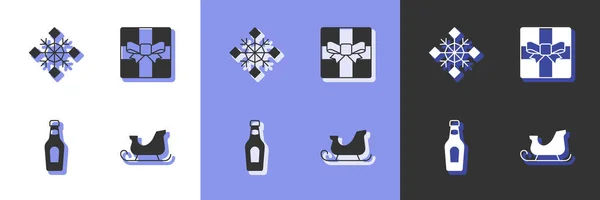 Set Christmas santa claus sleigh, Snowflake, Champagne bottle and Gift box icon. Vector —  Vetores de Stock