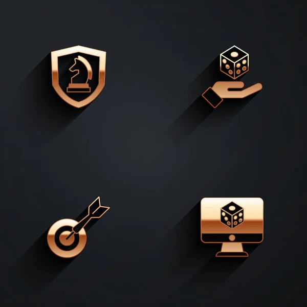 Set Chess, Game dice, Classic dart board and arrow and icon with long shadow. Vector — Image vectorielle