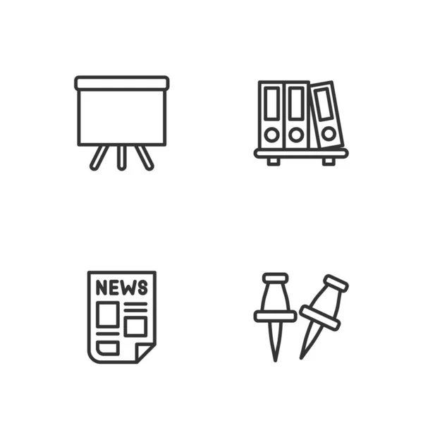 Set line Push pin, News, Chalkboard and Office folders icon. Vector — Vector de stock
