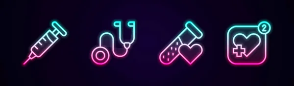 Set line Syringe, Stethoscope, Test tube with blood and Mobile heart rate. Glowing neon icon. Vector — стоковый вектор