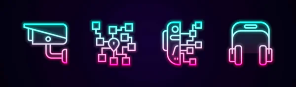 Set line Security camera, Neural network, Humanoid robot and Headphones. Glowing neon icon. Vector — Image vectorielle