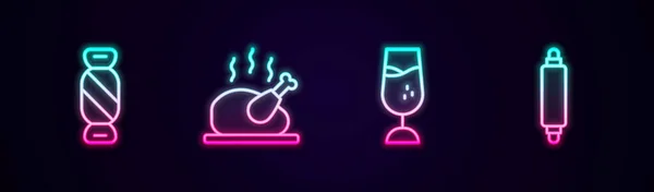 Set baris Candy, kalkun panggang atau ayam, gelas anggur dan pin Rolling. Glowing ikon neon. Vektor - Stok Vektor
