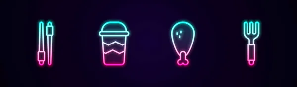 Set line Food chopsticks, Coffee cup to go, Chicken leg and Fork. Glowing neon icon. Vector — стоковый вектор