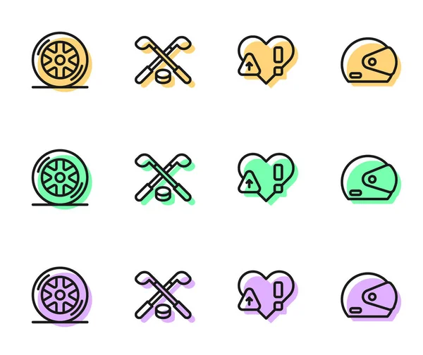 Set line Heart rate, Car wheel, Ice hockey sticks and puck and Racing helmet icon. Vector —  Vetores de Stock