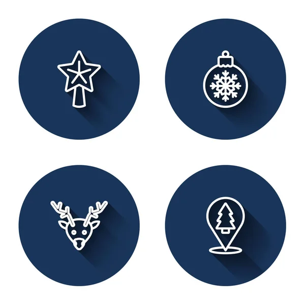 Set line Christmas star, ball, Reindeer and tree with long shadow. Blue circle button. Vector — Vettoriale Stock
