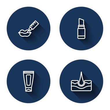 Set line Lip augmentation, Lipstick, Cream or lotion cosmetic tube and Human hair follicle with long shadow. Blue circle button. Vector