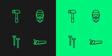 Set line Hand saw, Metallic nails, Hammer and Lumberjack icon. Vector