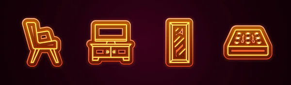 Set line Armchair, TV table stand, Big full length mirror and Mattress. Glowing neon icon. Vector — ストックベクタ