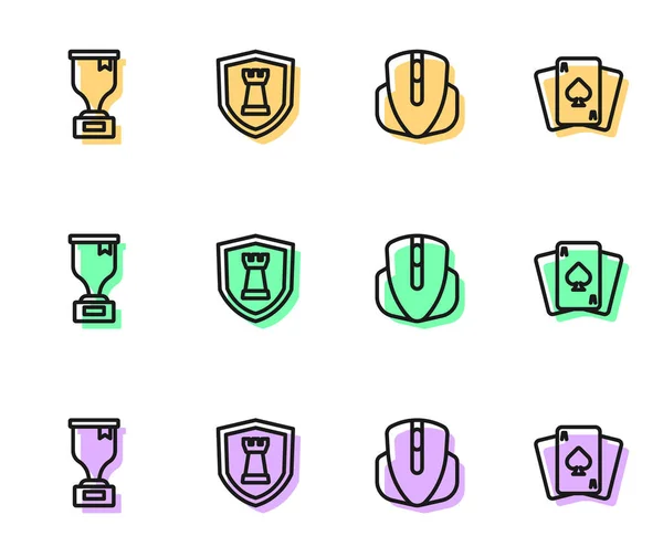 Set line Computer mouse, Award cup, Chess shield and Playing cards icon. Vector — Stockvektor