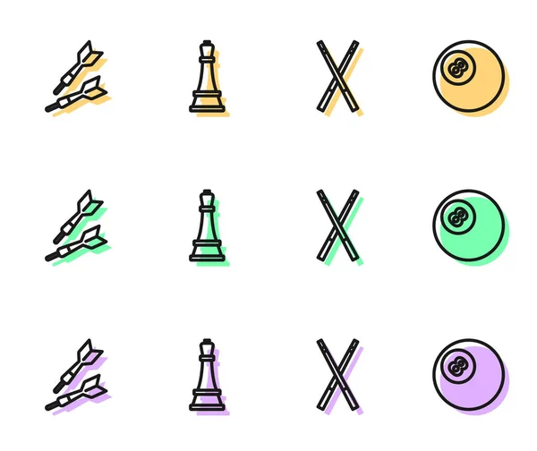 Set line Crossed billiard cues, Dart arrow, Chess and Billiard pool snooker ball icon. Vector — Stockový vektor
