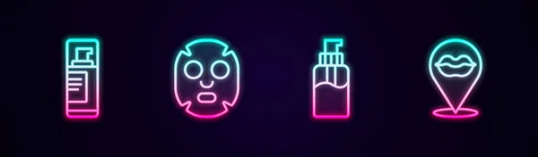 Set line Shaving gel foam, Facial cosmetic mask, Bottle of liquid soap and Smiling lips. Glowing neon icon. Vector — Stockový vektor