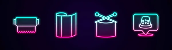 Set line Textile fabric roll, Knitting needles and Thimble for sewing. Glowing neon icon. Vector — Stock vektor