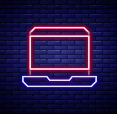 Parlayan neon hattı dizüstü bilgisayar simgesi tuğla duvar arka planında izole edildi. Boş ekran işaretli bilgisayar defteri. Renkli taslak konsepti. Vektör