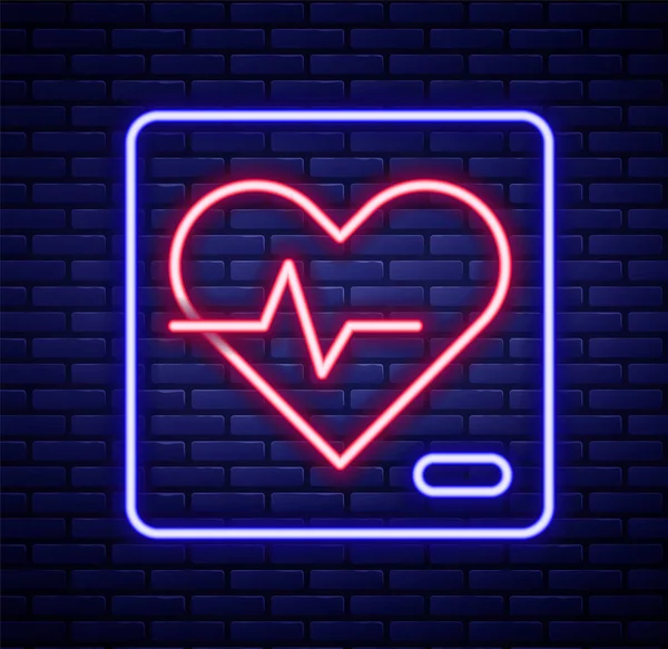 Zářící neonová čára Ikona srdeční frekvence izolovaná na pozadí cihlové stěny. Znamení tlukot srdce. Ikona pulsu srdce. Ikona kardiogramu. Barevný koncept. Vektor — Stockový vektor