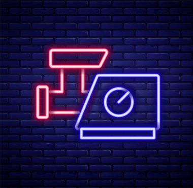 Parlayan neon hattı mutfak kıyma makinesi ikonu tuğla duvar arka planında izole edilmiş. Renkli taslak konsepti. Vektör